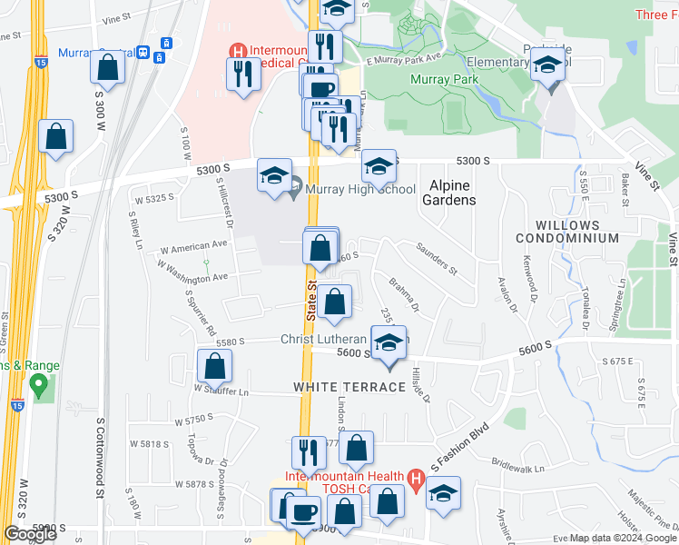 map of restaurants, bars, coffee shops, grocery stores, and more near 3160 South 160 East in Salt Lake City
