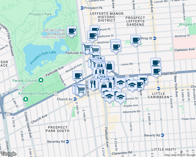 map of restaurants, bars, coffee shops, grocery stores, and more near 836 Flatbush Avenue in Brooklyn