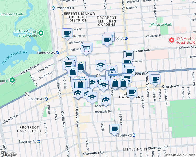 map of restaurants, bars, coffee shops, grocery stores, and more near 106 Linden Boulevard in Brooklyn