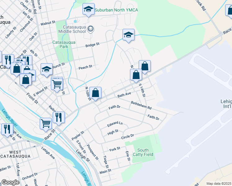 map of restaurants, bars, coffee shops, grocery stores, and more near 503 Race Street in Catasauqua