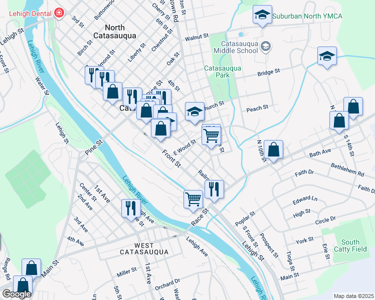 map of restaurants, bars, coffee shops, grocery stores, and more near 232 2nd Street in Catasauqua