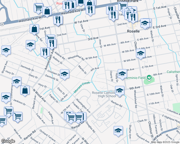 map of restaurants, bars, coffee shops, grocery stores, and more near in Roselle