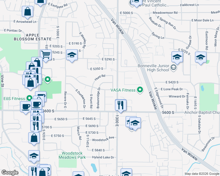 map of restaurants, bars, coffee shops, grocery stores, and more near 1279 Darby Circle in Salt Lake City