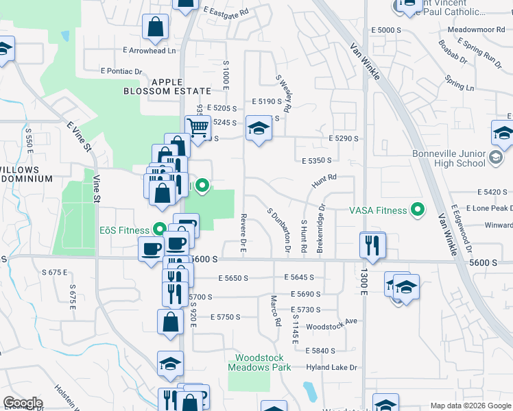 map of restaurants, bars, coffee shops, grocery stores, and more near 5505 South Somerset Way in Salt Lake City
