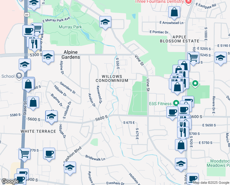 map of restaurants, bars, coffee shops, grocery stores, and more near 5537 Willow Lane in Murray