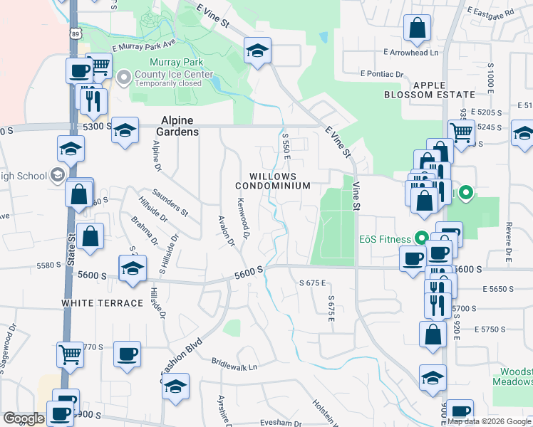 map of restaurants, bars, coffee shops, grocery stores, and more near 5537 Willow Lane in Murray