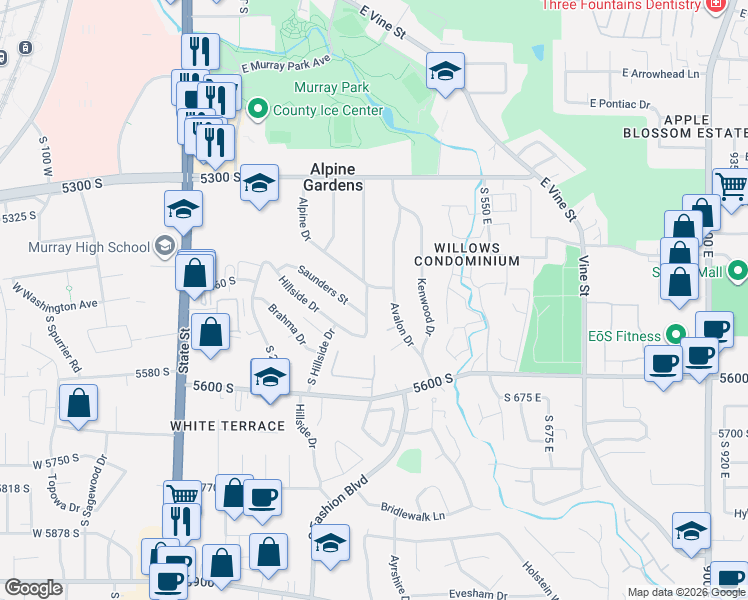 map of restaurants, bars, coffee shops, grocery stores, and more near 5463 Knollcrest Street in Murray
