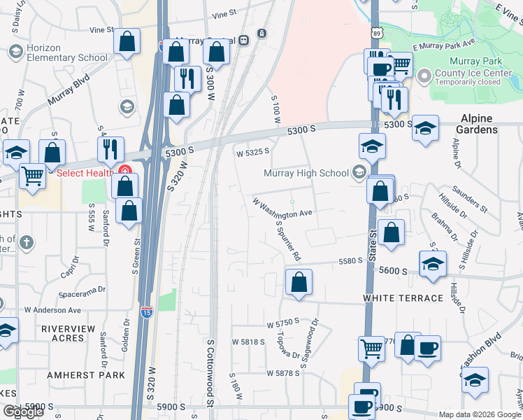 map of restaurants, bars, coffee shops, grocery stores, and more near 5447 South Riley Lane in Murray