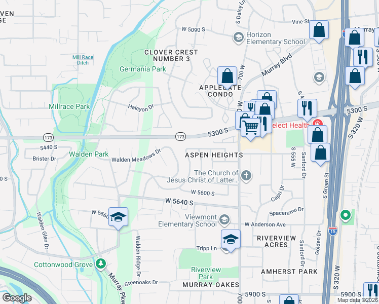 map of restaurants, bars, coffee shops, grocery stores, and more near 5525 Walden Meadows Place in Murray