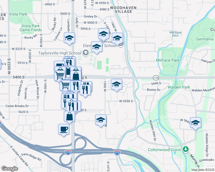 map of restaurants, bars, coffee shops, grocery stores, and more near 5447 1465 West in Salt Lake City