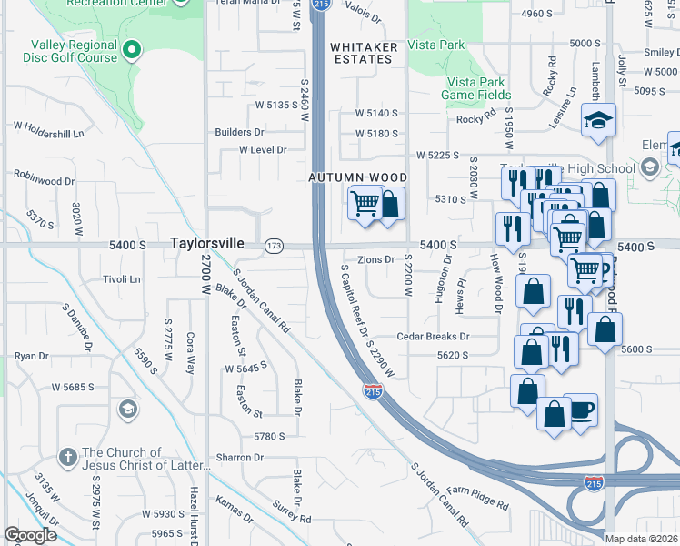map of restaurants, bars, coffee shops, grocery stores, and more near 5491 Capitol Reef Drive in Taylorsville