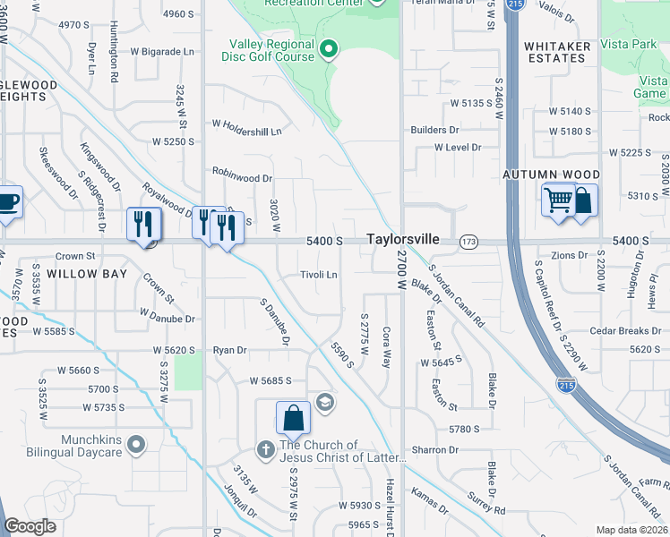 map of restaurants, bars, coffee shops, grocery stores, and more near 2887 Tivoli Lane in Salt Lake City