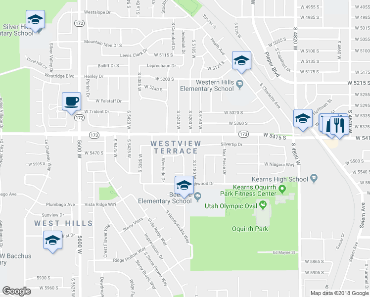 map of restaurants, bars, coffee shops, grocery stores, and more near 5485 South Sarah Jane Drive in Kearns