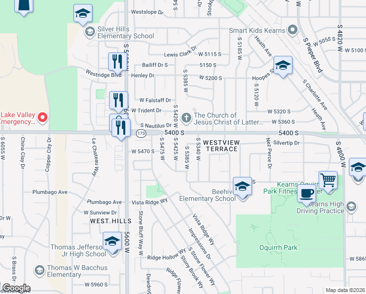 map of restaurants, bars, coffee shops, grocery stores, and more near 5483 South 5425 West in Kearns