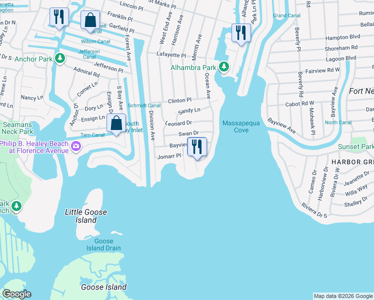 map of restaurants, bars, coffee shops, grocery stores, and more near 26 Jomarr Court in Massapequa