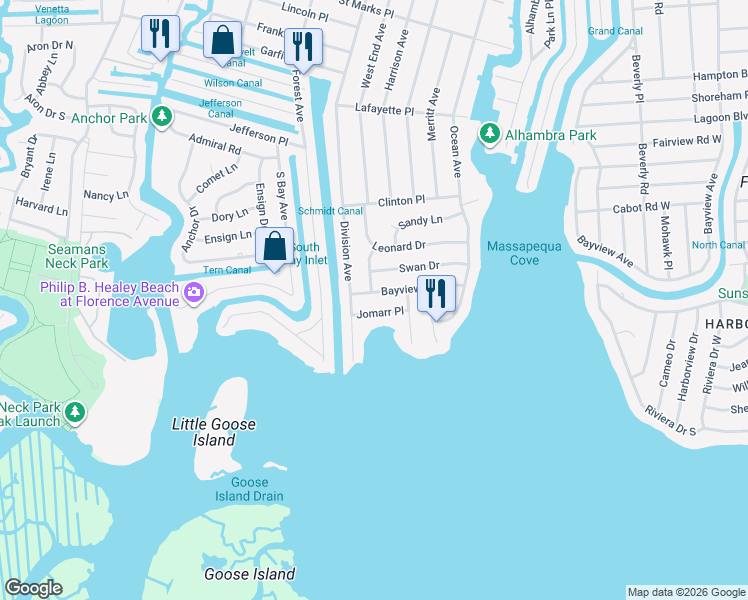 map of restaurants, bars, coffee shops, grocery stores, and more near 7 Jomarr Place in Massapequa