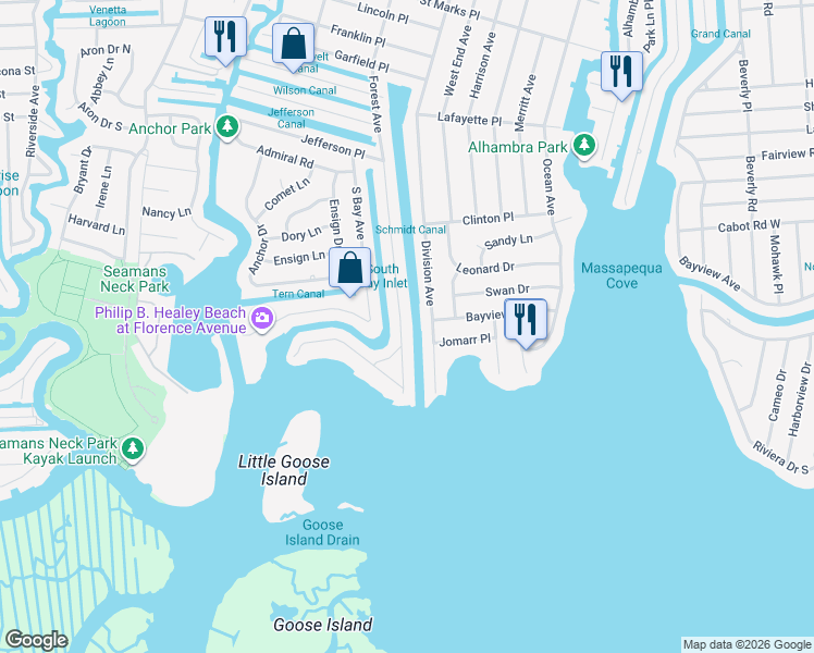 map of restaurants, bars, coffee shops, grocery stores, and more near 27 Forest Avenue in Massapequa