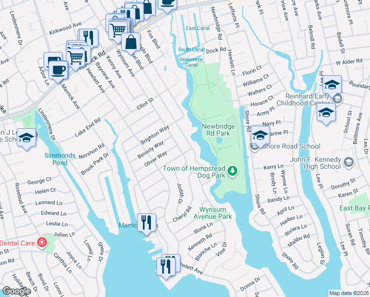 map of restaurants, bars, coffee shops, grocery stores, and more near 2142 Holland Way in Merrick