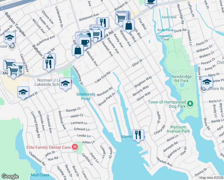 map of restaurants, bars, coffee shops, grocery stores, and more near 2787 Bay Drive in Merrick