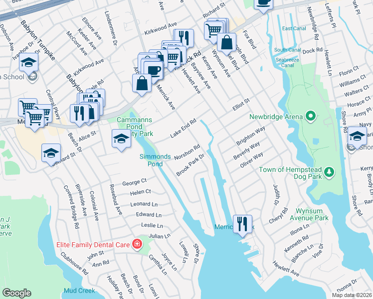 map of restaurants, bars, coffee shops, grocery stores, and more near 1976 Norshon Road in Merrick