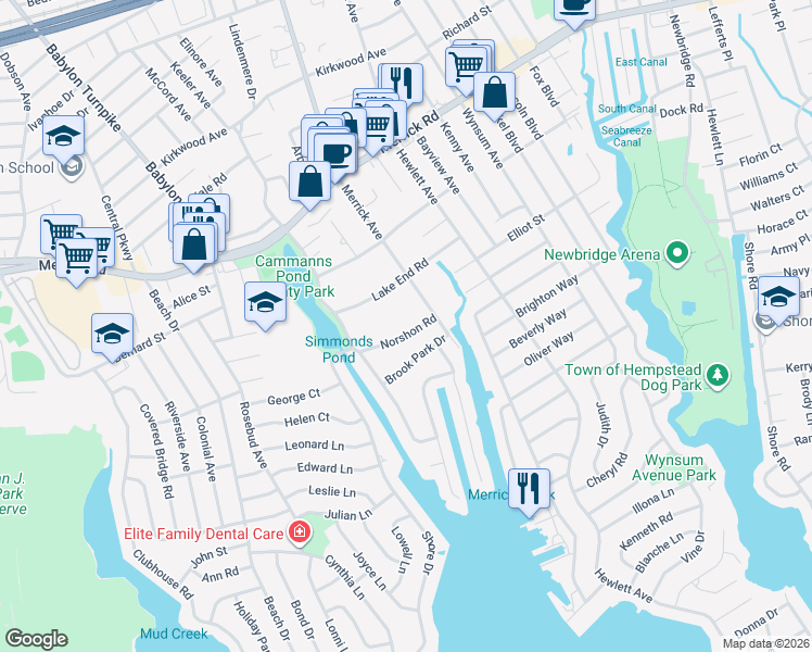 map of restaurants, bars, coffee shops, grocery stores, and more near 1976 Norshon Road in Merrick