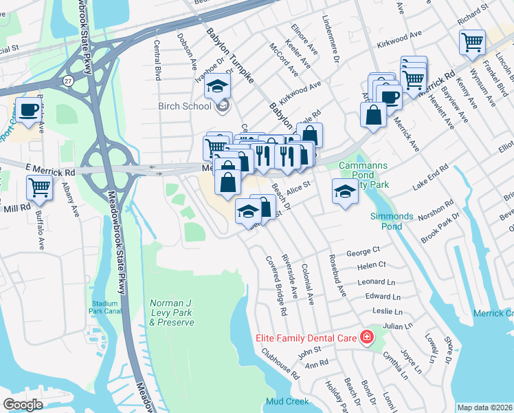 map of restaurants, bars, coffee shops, grocery stores, and more near 74 Bernard Street in Merrick