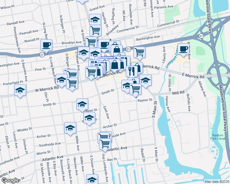 map of restaurants, bars, coffee shops, grocery stores, and more near 170 Church Street in Freeport