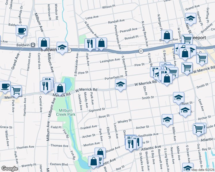 map of restaurants, bars, coffee shops, grocery stores, and more near 365 West Merrick Road in Freeport