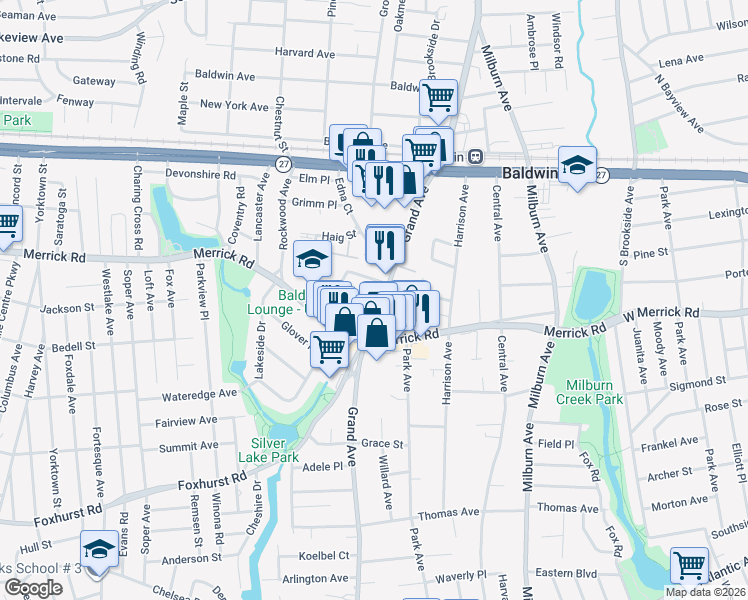 map of restaurants, bars, coffee shops, grocery stores, and more near 2428 Grand Avenue in Baldwin