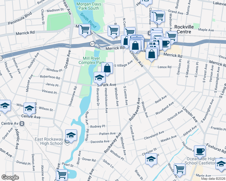 map of restaurants, bars, coffee shops, grocery stores, and more near 170 Windsor Avenue in Rockville Centre