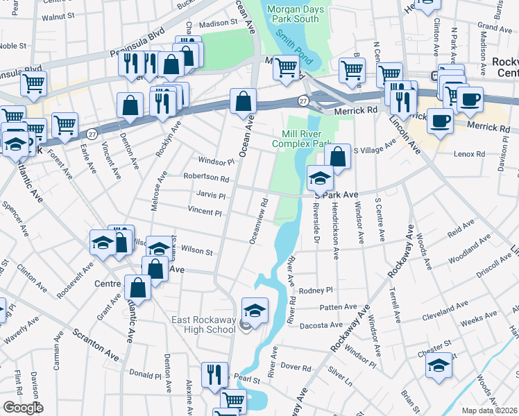 map of restaurants, bars, coffee shops, grocery stores, and more near 79 Mill River Avenue in Lynbrook