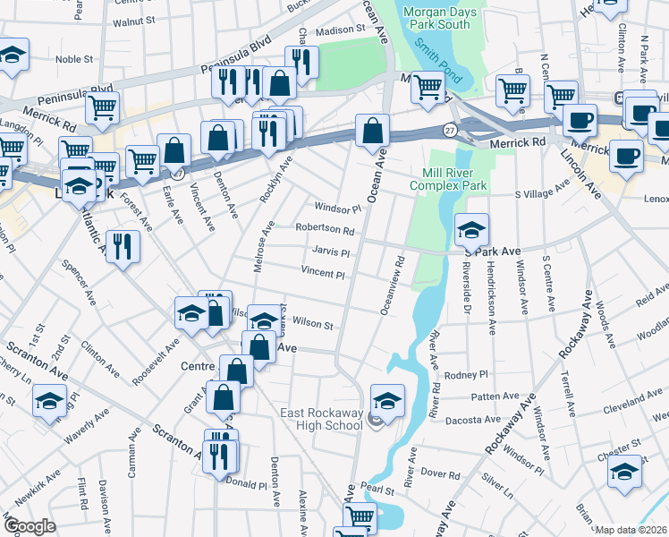 map of restaurants, bars, coffee shops, grocery stores, and more near 88 Vincent Place in Lynbrook