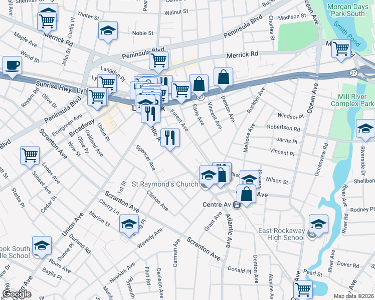 map of restaurants, bars, coffee shops, grocery stores, and more near 200 Atlantic Avenue in Lynbrook