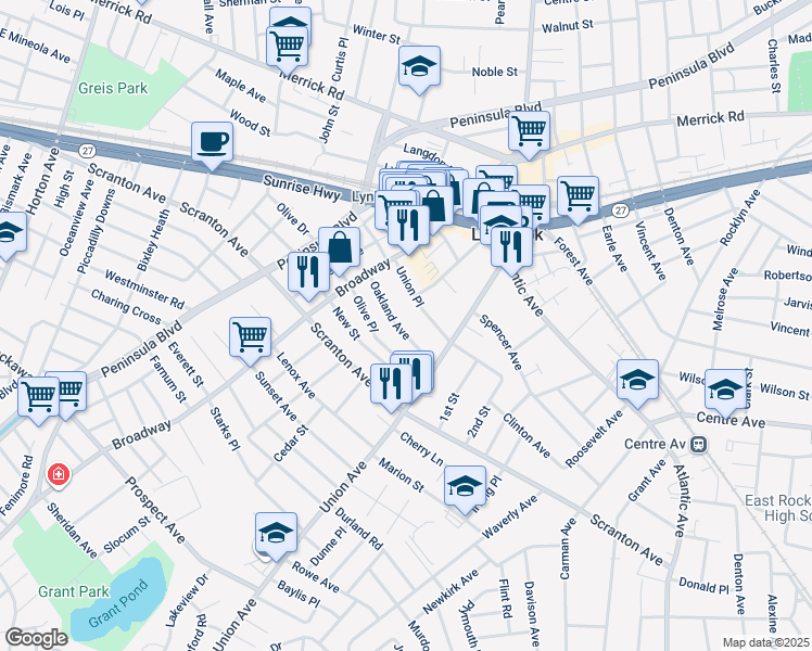 map of restaurants, bars, coffee shops, grocery stores, and more near 74 Oakland Avenue in Lynbrook