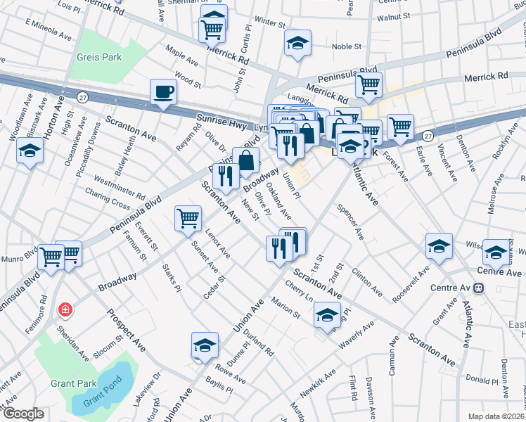 map of restaurants, bars, coffee shops, grocery stores, and more near 62 Peterson Place in Lynbrook