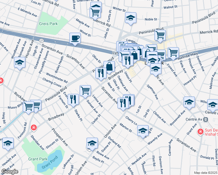 map of restaurants, bars, coffee shops, grocery stores, and more near 385 Scranton Avenue in Lynbrook