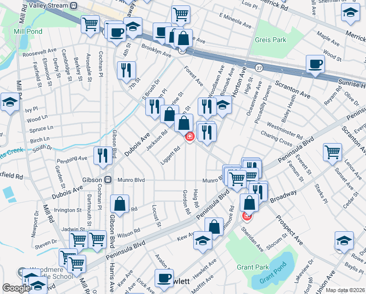 map of restaurants, bars, coffee shops, grocery stores, and more near 32 Gordon Road in Valley Stream