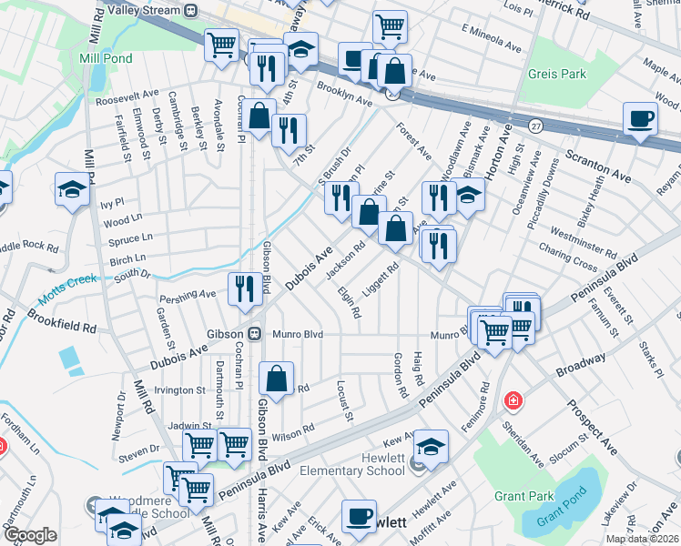 map of restaurants, bars, coffee shops, grocery stores, and more near 14 Elgin Road in Valley Stream