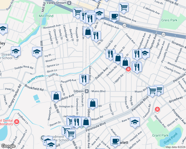 map of restaurants, bars, coffee shops, grocery stores, and more near 75 Poplar Street in Valley Stream