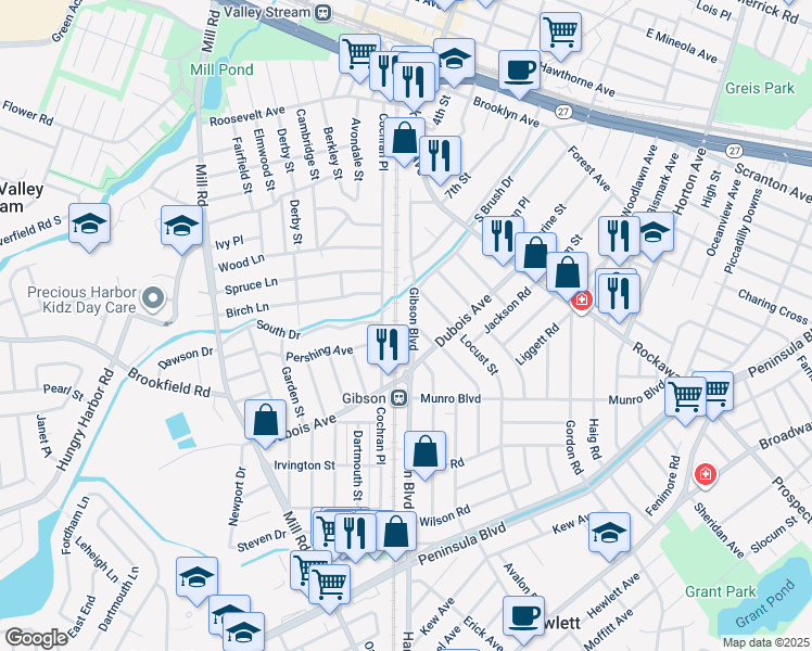 map of restaurants, bars, coffee shops, grocery stores, and more near 75 Poplar Street in Valley Stream