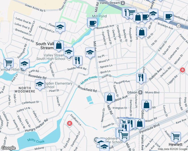 map of restaurants, bars, coffee shops, grocery stores, and more near 29 Dawson Drive in Valley Stream