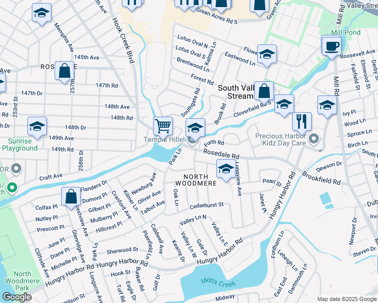 map of restaurants, bars, coffee shops, grocery stores, and more near 965 Hewlett Drive in Valley Stream