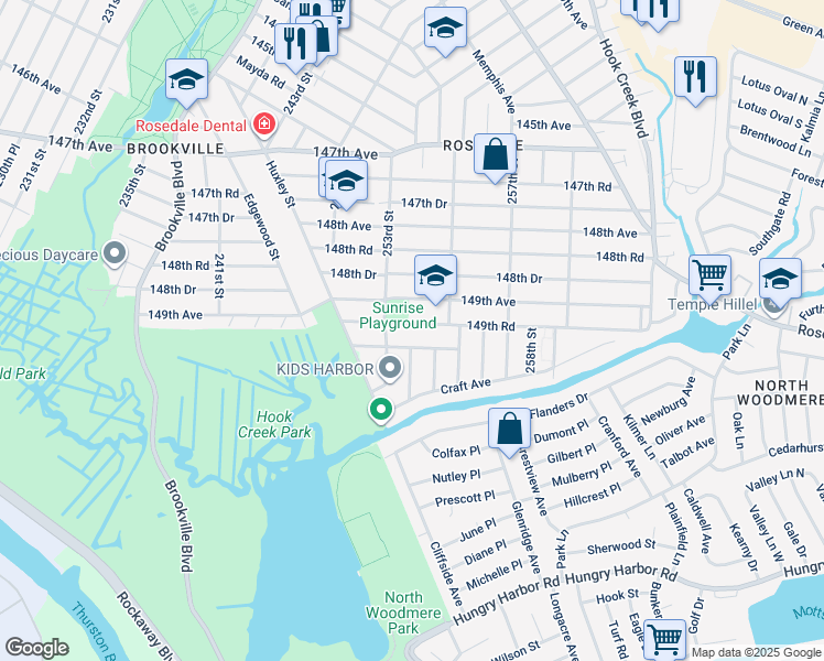 map of restaurants, bars, coffee shops, grocery stores, and more near 149-55 254th Street in Queens