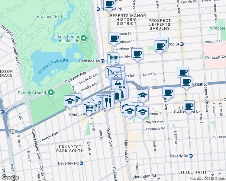 map of restaurants, bars, coffee shops, grocery stores, and more near 100 East 21st Street in Brooklyn