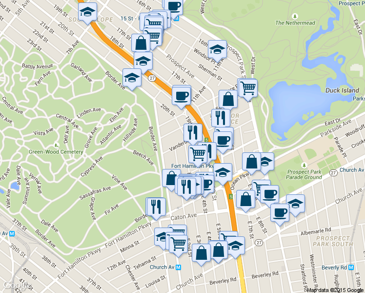map of restaurants, bars, coffee shops, grocery stores, and more near 18 East 2nd Street in Brooklyn