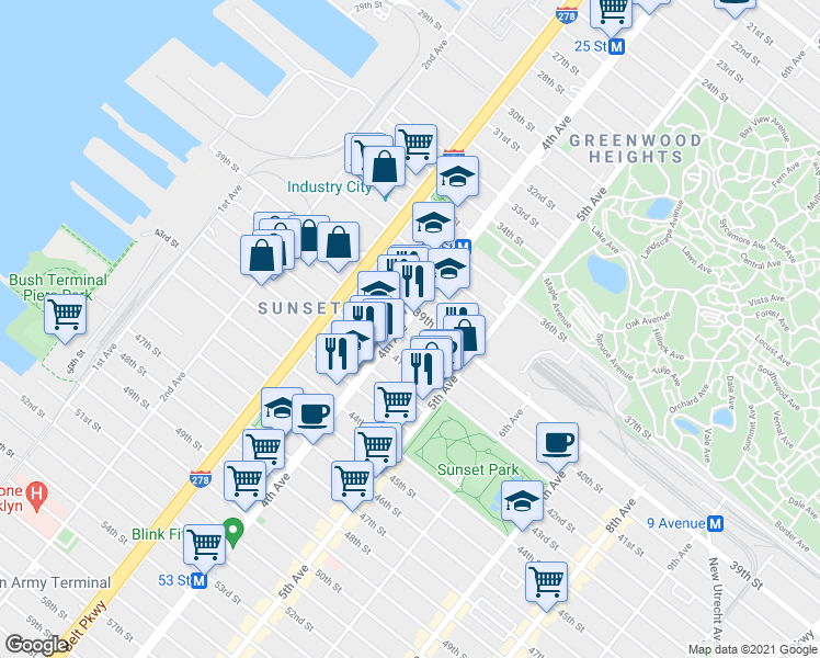 map of restaurants, bars, coffee shops, grocery stores, and more near 3921 4th Avenue in Brooklyn