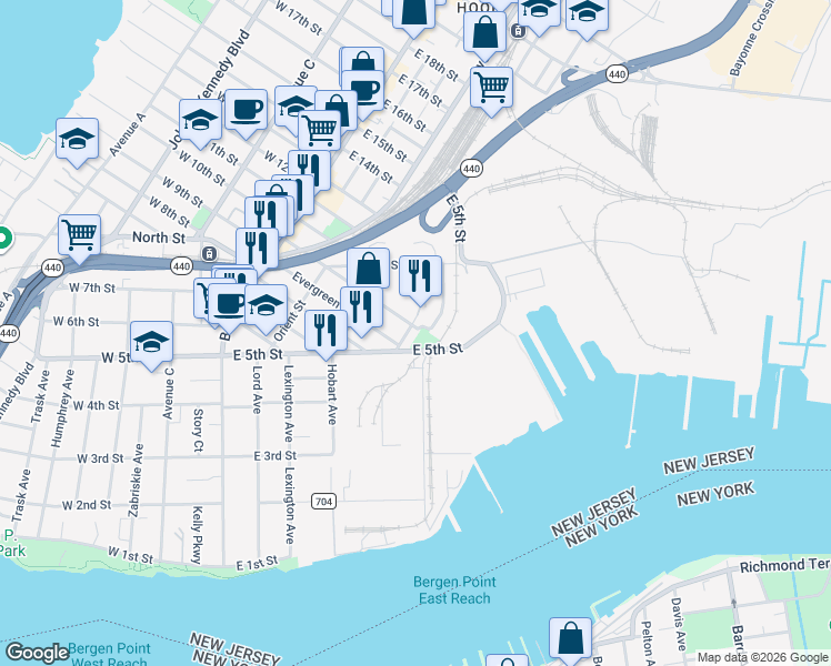 map of restaurants, bars, coffee shops, grocery stores, and more near 132-198 East 5th Street in Bayonne