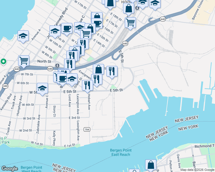 map of restaurants, bars, coffee shops, grocery stores, and more near 137 East 5th Street in Bayonne