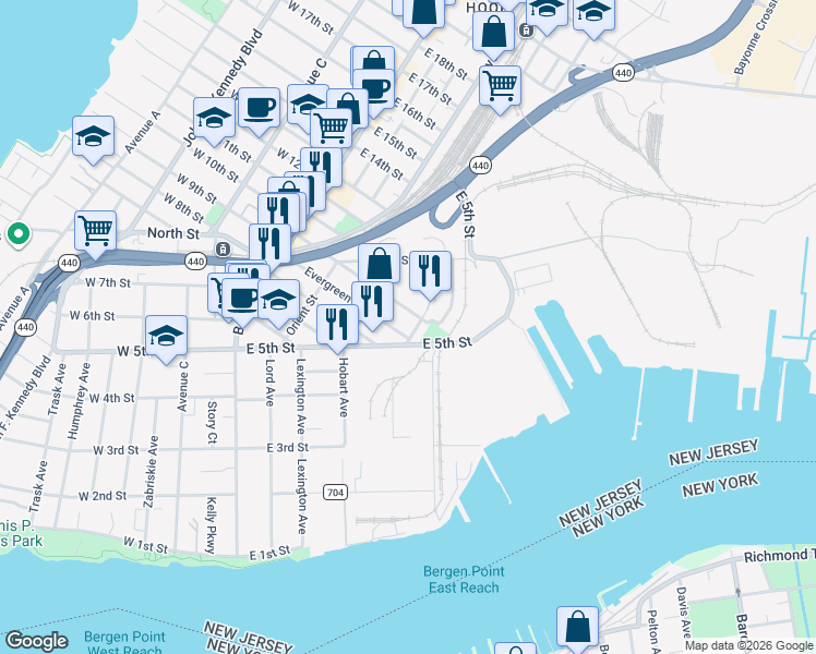 map of restaurants, bars, coffee shops, grocery stores, and more near 137 East 5th Street in Bayonne