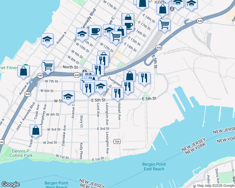 map of restaurants, bars, coffee shops, grocery stores, and more near 141 Hobart Avenue in Bayonne